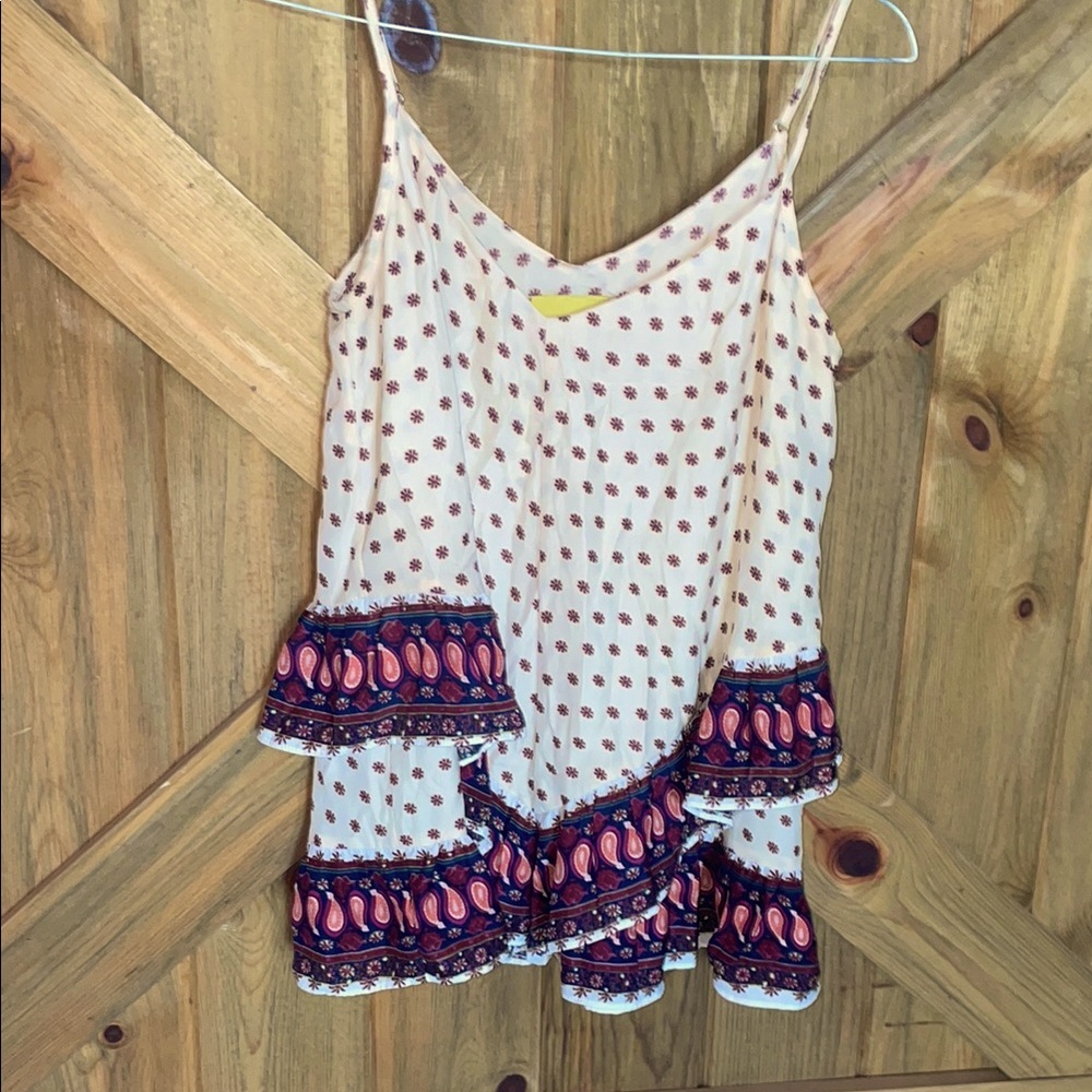 Maeve White and Blue Asymmetrical Ruffled Camisole